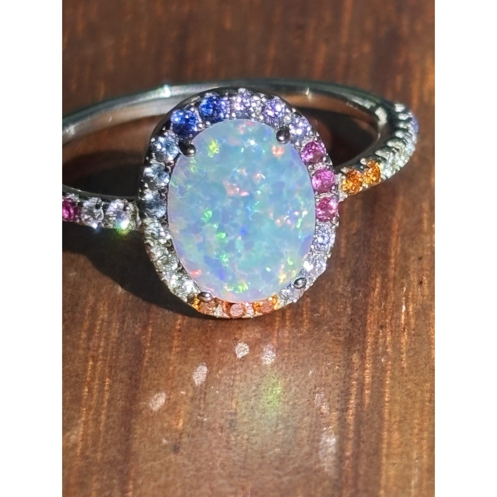 Sterling Silver Opal Rainbow Cubic Zirconia Ring Size 6